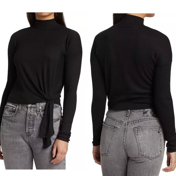 RAG & BONE Top Womens M The Rib Knit Side Tie Turtleneck Cropped Tee Long Sleeve - Picture 1 of 13